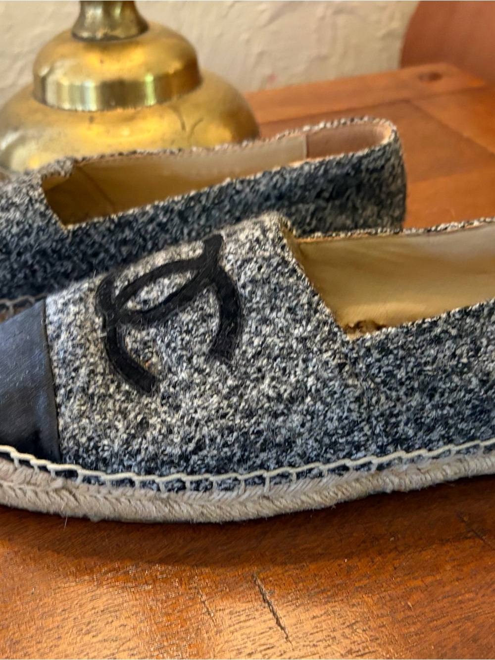 CHANEL Gray Bouclé Espadrilles with Black CC Trim - Picture 5 of 11